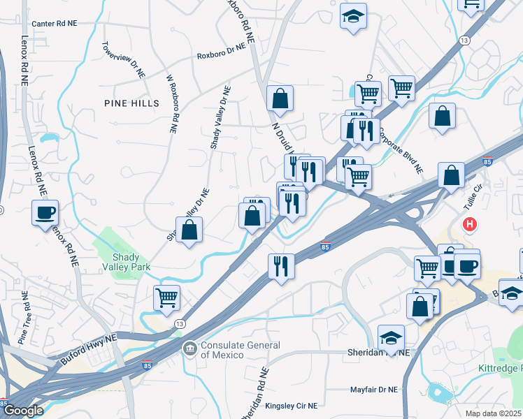 map of restaurants, bars, coffee shops, grocery stores, and more near 2822 Buford Highway Northeast in Atlanta