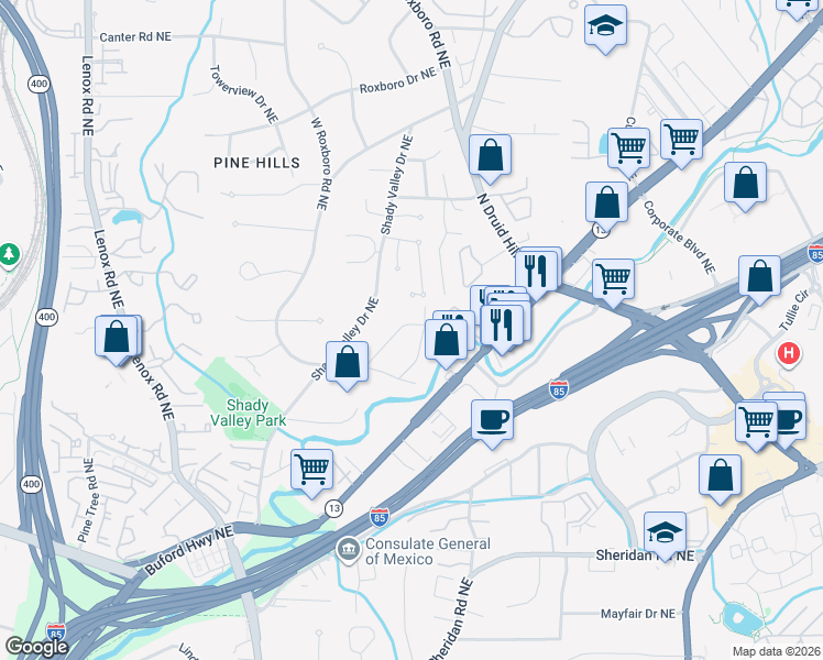 map of restaurants, bars, coffee shops, grocery stores, and more near 1732 Dunwoody Place Northeast in Atlanta