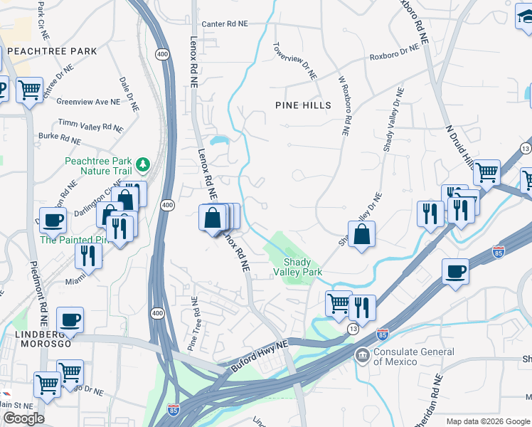 map of restaurants, bars, coffee shops, grocery stores, and more near 7 Vale Close Northeast in Atlanta