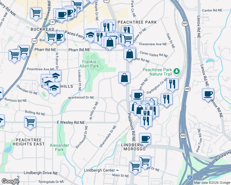 map of restaurants, bars, coffee shops, grocery stores, and more near 2852 Piedmont Road Northeast in Atlanta