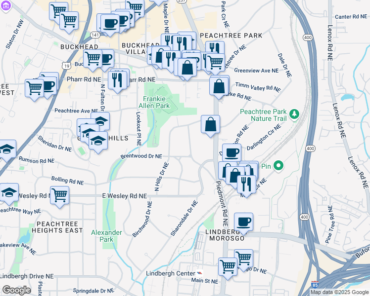 map of restaurants, bars, coffee shops, grocery stores, and more near 2840 Alpine Road Northeast in Atlanta