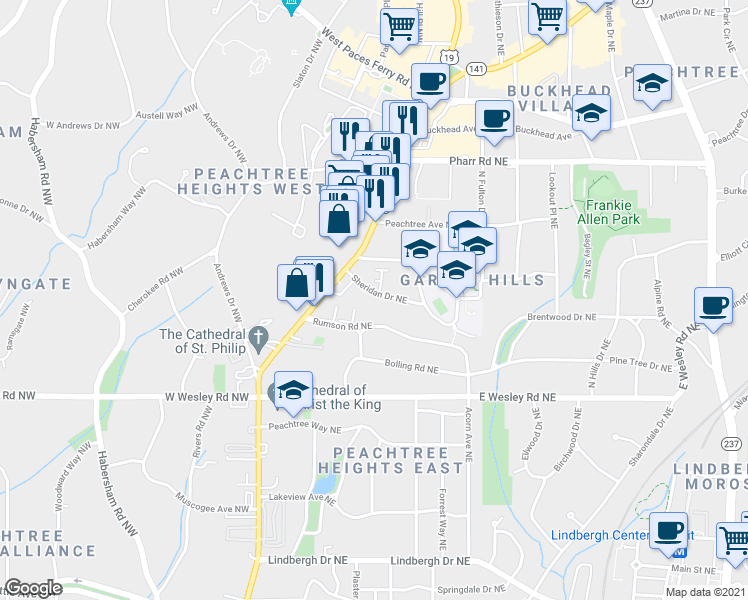 map of restaurants, bars, coffee shops, grocery stores, and more near 58 Sheridan Drive Northeast in Atlanta