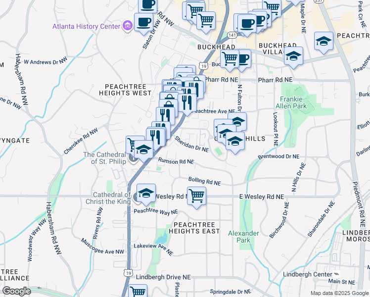map of restaurants, bars, coffee shops, grocery stores, and more near 58 Sheridan Drive Northeast in Atlanta