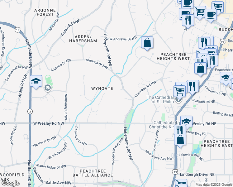 map of restaurants, bars, coffee shops, grocery stores, and more near 2837 Ramsgate Northwest in Atlanta