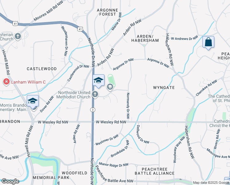 map of restaurants, bars, coffee shops, grocery stores, and more near 504 Kingswood Lane Northwest in Atlanta