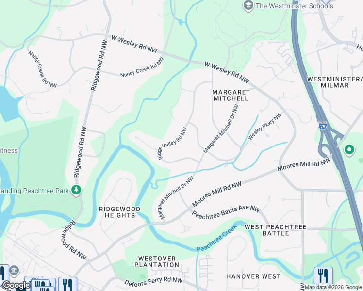 map of restaurants, bars, coffee shops, grocery stores, and more near 2837 Ridge Valley Road Northwest in Atlanta