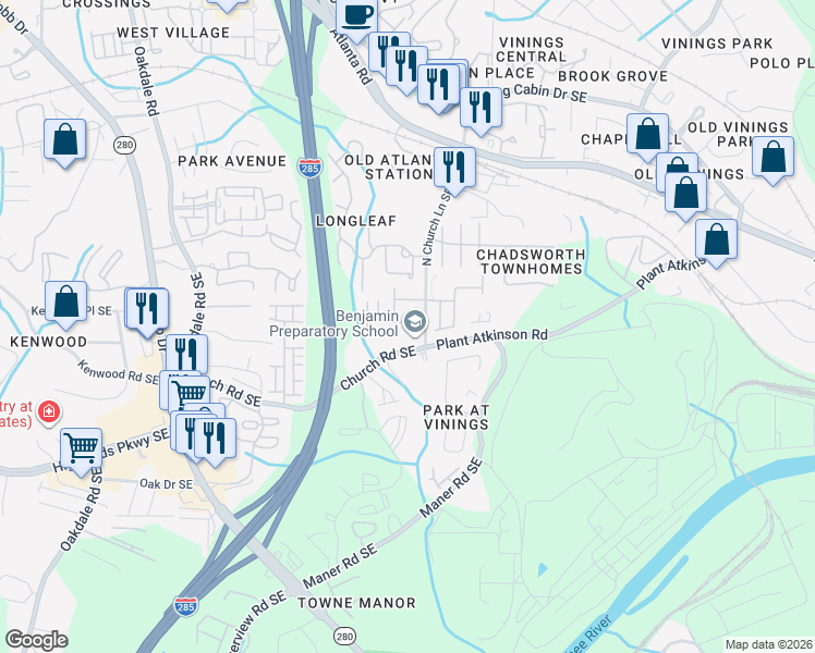 map of restaurants, bars, coffee shops, grocery stores, and more near 5108 Kempsford Court in Smyrna