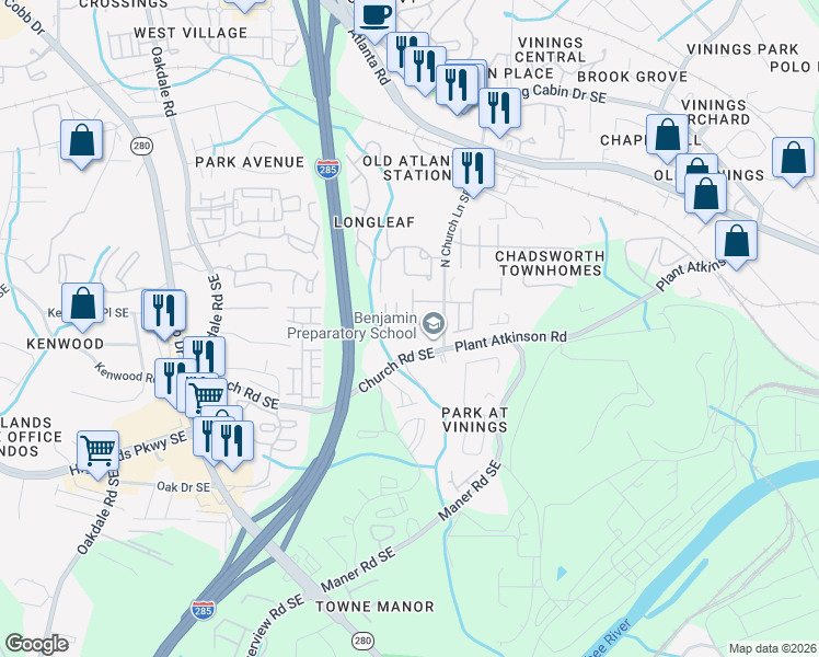 map of restaurants, bars, coffee shops, grocery stores, and more near 2400 Hadlow Lane in Smyrna