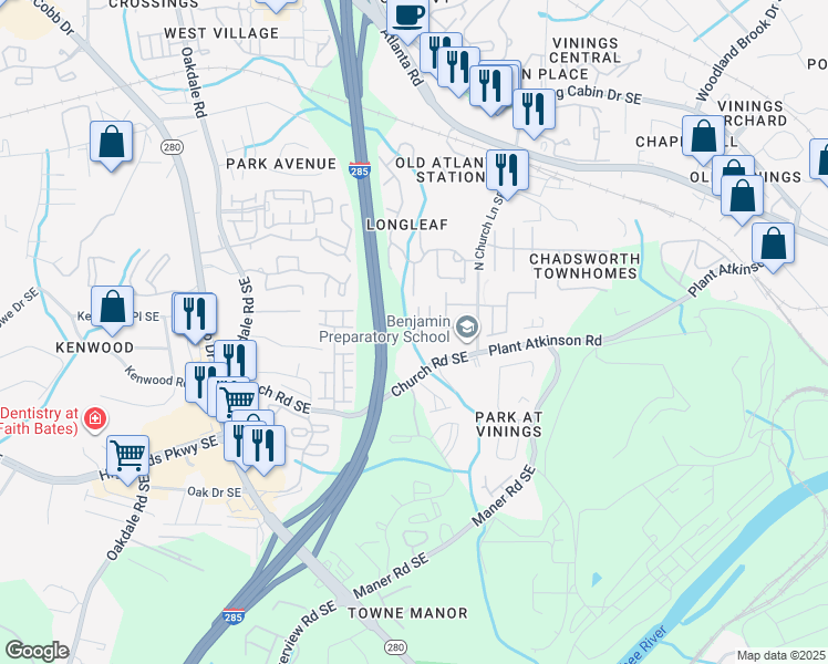 map of restaurants, bars, coffee shops, grocery stores, and more near 4929 Greylock Walk Southeast in Atlanta