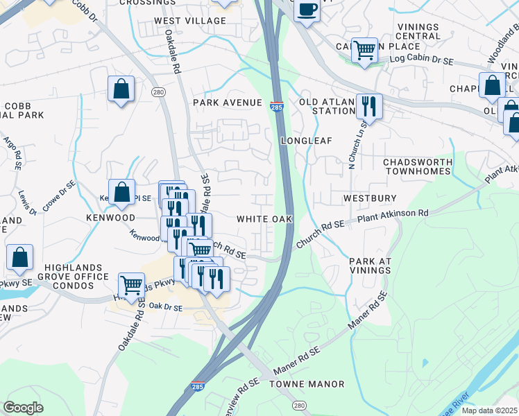 map of restaurants, bars, coffee shops, grocery stores, and more near 4969 Whiteoak Street in Smyrna