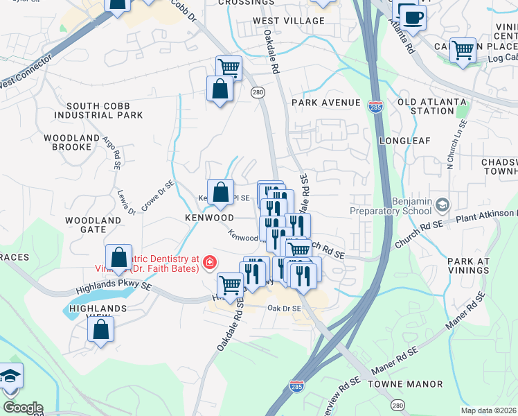 map of restaurants, bars, coffee shops, grocery stores, and more near 2090 Kenwood Place Southeast in Smyrna