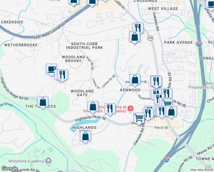 map of restaurants, bars, coffee shops, grocery stores, and more near 4956 Crowe Drive Southeast in Smyrna