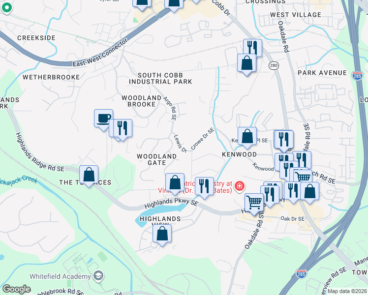 map of restaurants, bars, coffee shops, grocery stores, and more near 4975 Lewis Drive in Smyrna