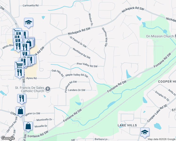 map of restaurants, bars, coffee shops, grocery stores, and more near 341 Pine Valley Road Southwest in Mableton