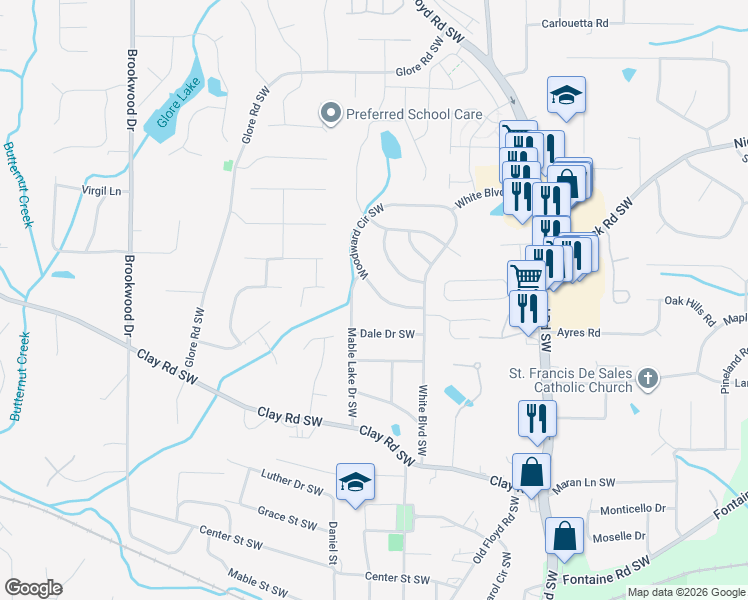 map of restaurants, bars, coffee shops, grocery stores, and more near 1026 Woodward Circle Southwest in Mableton