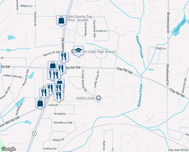map of restaurants, bars, coffee shops, grocery stores, and more near 4990 Linda Vista Drive in Mableton