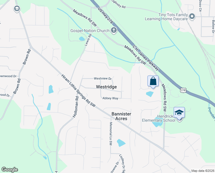 map of restaurants, bars, coffee shops, grocery stores, and more near 4502 Fairfax Place in Powder Springs