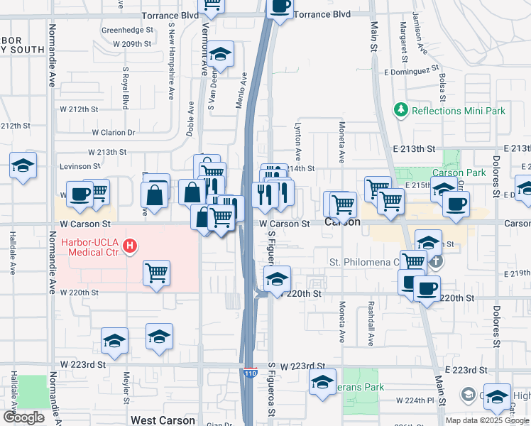map of restaurants, bars, coffee shops, grocery stores, and more near 21617 South Figueroa Street in Carson