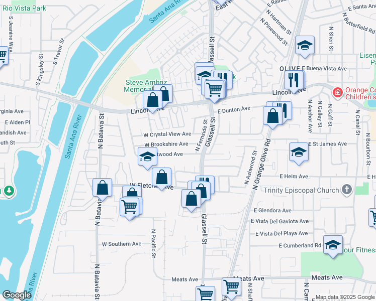 map of restaurants, bars, coffee shops, grocery stores, and more near 147 West Brentwood Avenue in Orange
