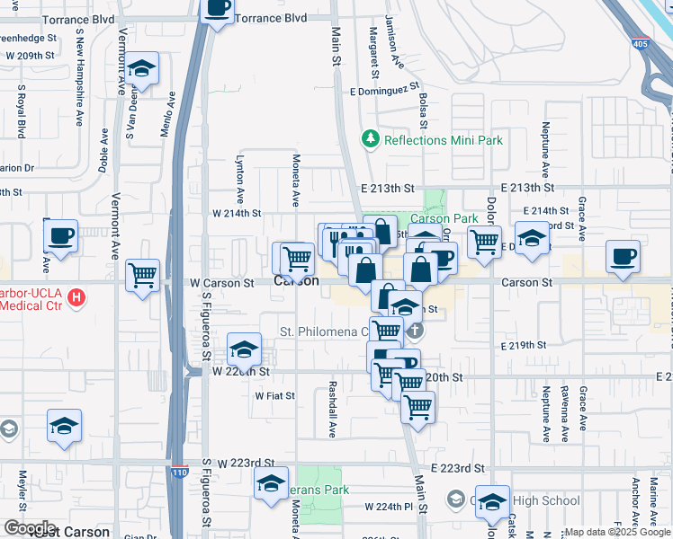 map of restaurants, bars, coffee shops, grocery stores, and more near 131 West Carson Street in Carson