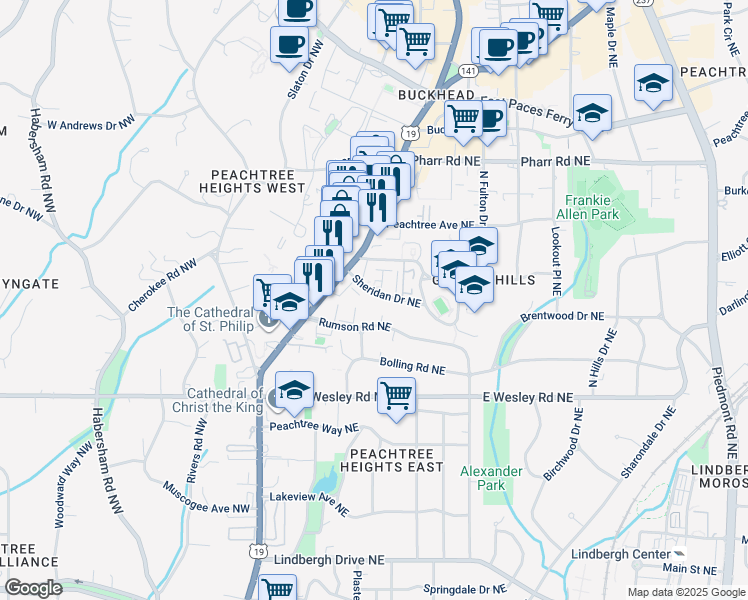 map of restaurants, bars, coffee shops, grocery stores, and more near 58 Sheridan Drive Northeast in Atlanta