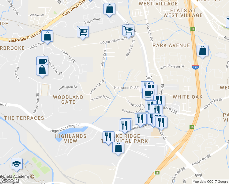 map of restaurants, bars, coffee shops, grocery stores, and more near 1934 Kenwood Road Southeast in Smyrna