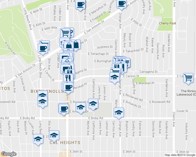 map of restaurants, bars, coffee shops, grocery stores, and more near 1014 East Carson Street in Long Beach