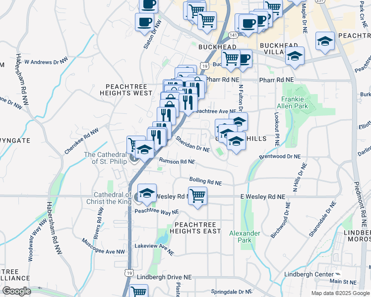 map of restaurants, bars, coffee shops, grocery stores, and more near 45 Sheridan Drive Northeast in Atlanta