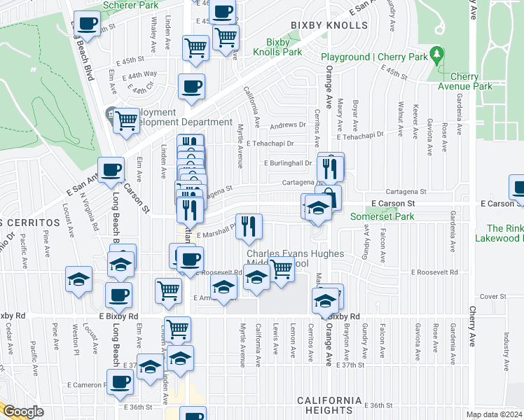 map of restaurants, bars, coffee shops, grocery stores, and more near 1000 Carson Street in Long Beach
