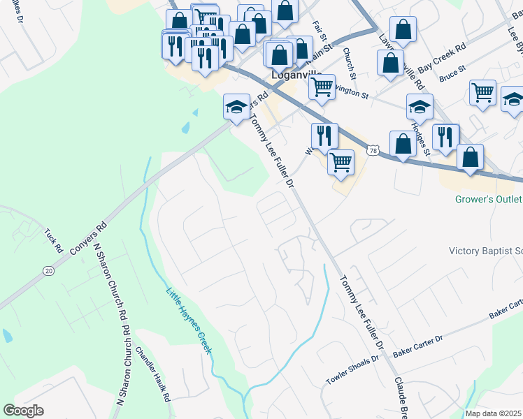 map of restaurants, bars, coffee shops, grocery stores, and more near 714 Village Lane in Loganville