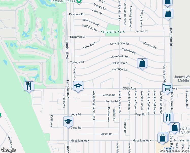 map of restaurants, bars, coffee shops, grocery stores, and more near 68290 Durango Road in Cathedral City