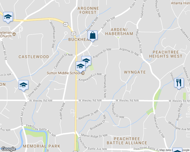 map of restaurants, bars, coffee shops, grocery stores, and more near 504 Kingswood Lane Northwest in Atlanta