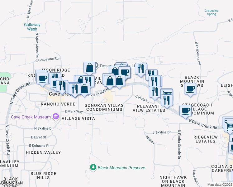 map of restaurants, bars, coffee shops, grocery stores, and more near 6525 East Cave Creek Road in Cave Creek