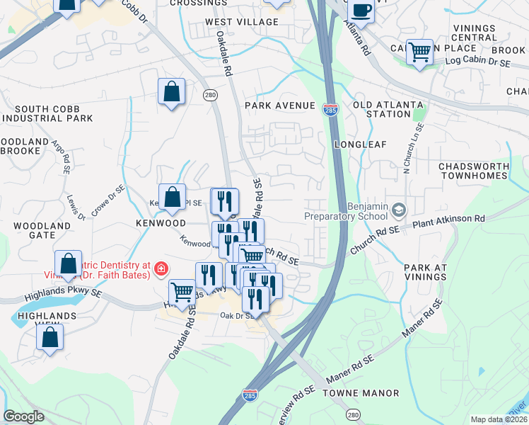 map of restaurants, bars, coffee shops, grocery stores, and more near 2156 Oakdale Estates Court in Smyrna