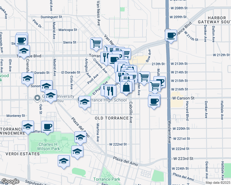 map of restaurants, bars, coffee shops, grocery stores, and more near 1675 Gramercy Avenue in Torrance