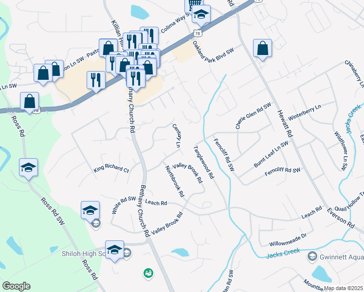 map of restaurants, bars, coffee shops, grocery stores, and more near 2390 Century Lane in Snellville