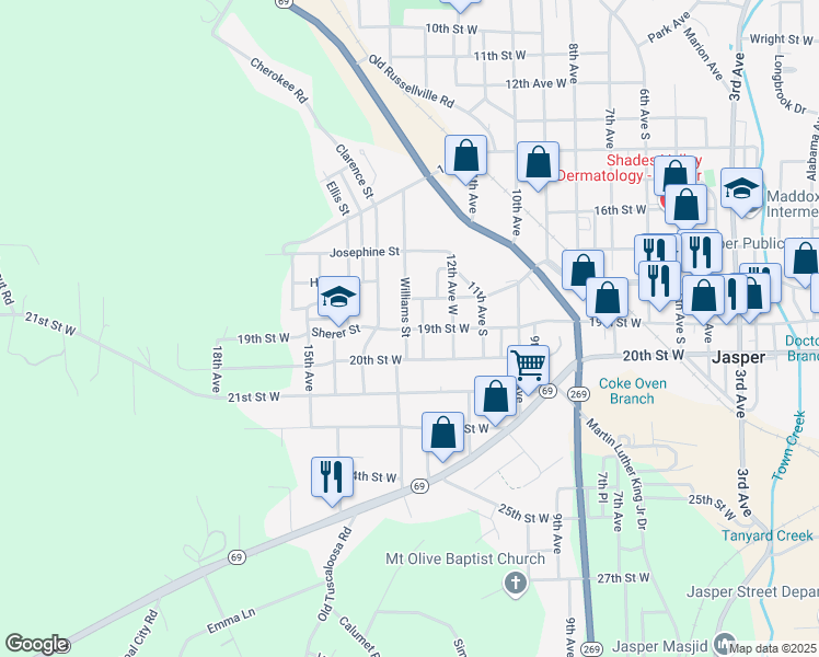 map of restaurants, bars, coffee shops, grocery stores, and more near 1400 19th Street West in Jasper