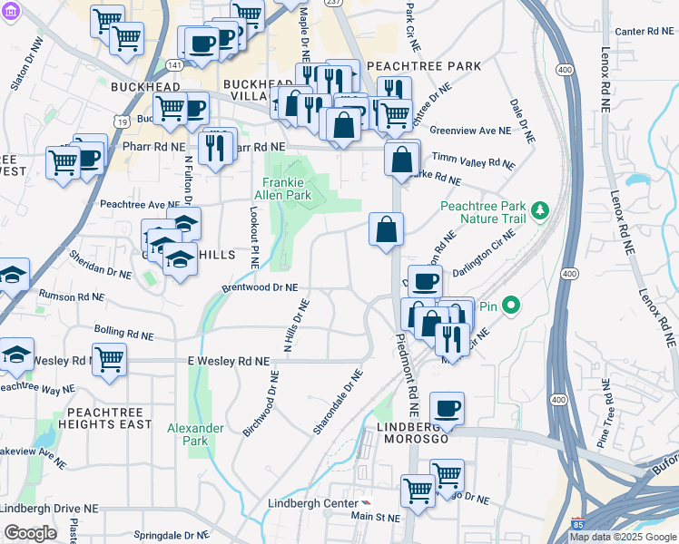 map of restaurants, bars, coffee shops, grocery stores, and more near 2840 Alpine Road Northeast in Atlanta