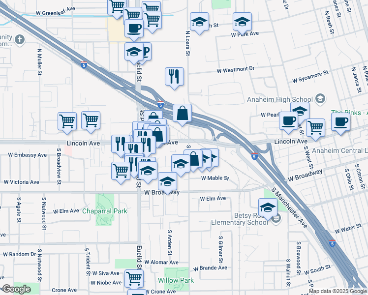 map of restaurants, bars, coffee shops, grocery stores, and more near 1600 West Lincoln Avenue in Anaheim
