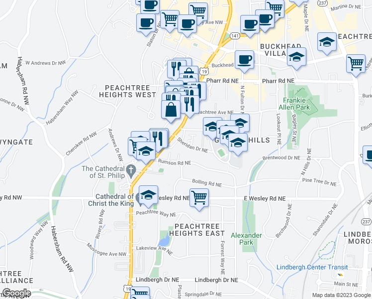 map of restaurants, bars, coffee shops, grocery stores, and more near 58 Sheridan Drive Northeast in Atlanta
