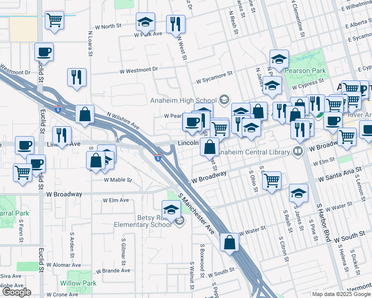 map of restaurants, bars, coffee shops, grocery stores, and more near 435 West Center Street Promenade in Anaheim