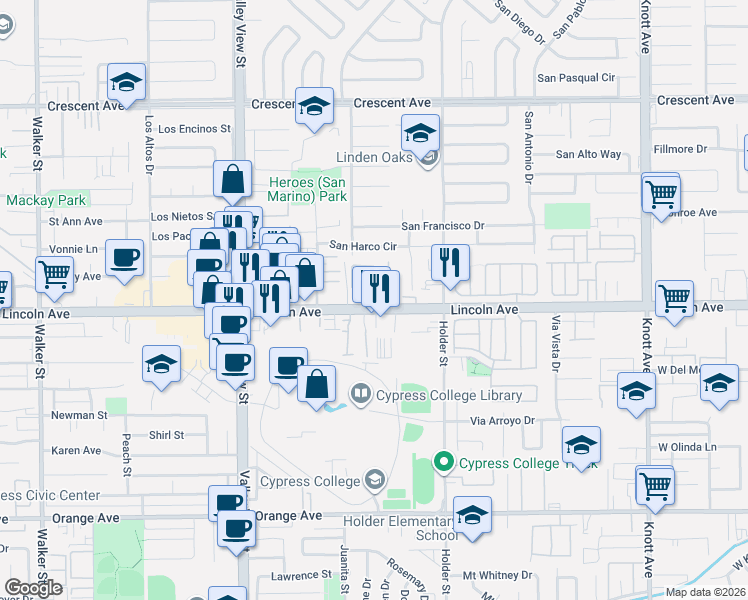 map of restaurants, bars, coffee shops, grocery stores, and more near 6279 Lincoln Avenue in Buena Park
