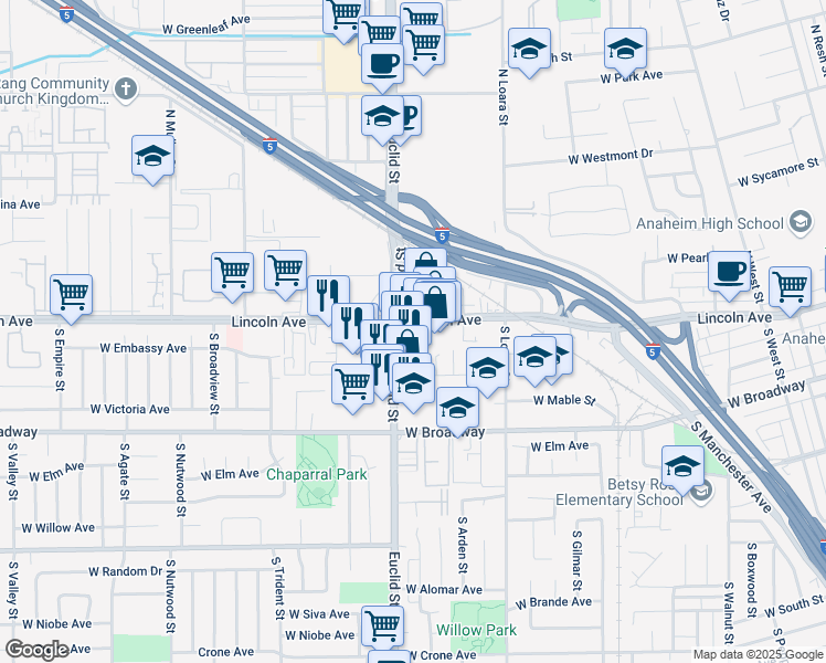 map of restaurants, bars, coffee shops, grocery stores, and more near 1676 West Lincoln Avenue in Anaheim