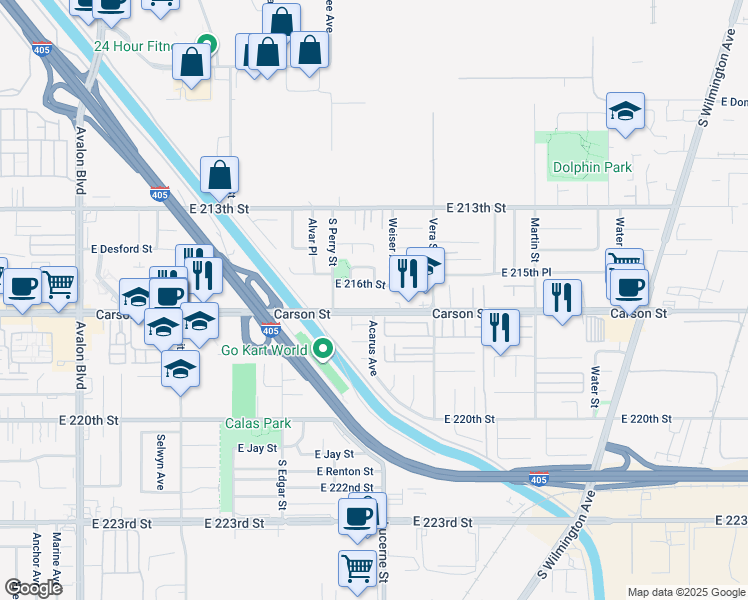 map of restaurants, bars, coffee shops, grocery stores, and more near 1249 East Carson Street in Carson