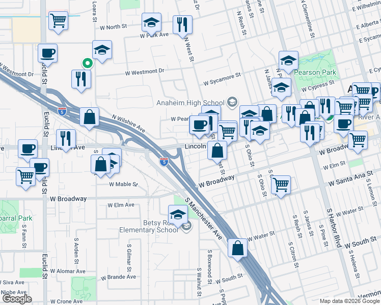 map of restaurants, bars, coffee shops, grocery stores, and more near 1215 West Center Street in Anaheim