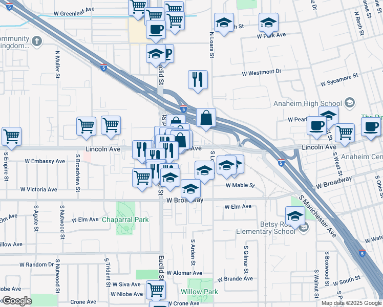 map of restaurants, bars, coffee shops, grocery stores, and more near 1646 West Lincoln Avenue in Anaheim