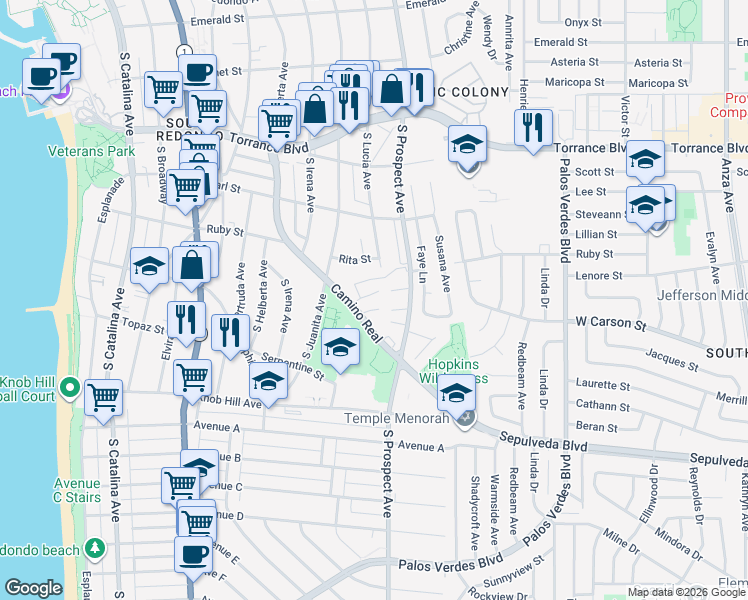 map of restaurants, bars, coffee shops, grocery stores, and more near 822 Camino Real in Redondo Beach