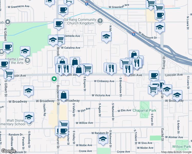 map of restaurants, bars, coffee shops, grocery stores, and more near 2010 West Lincoln Avenue in Anaheim