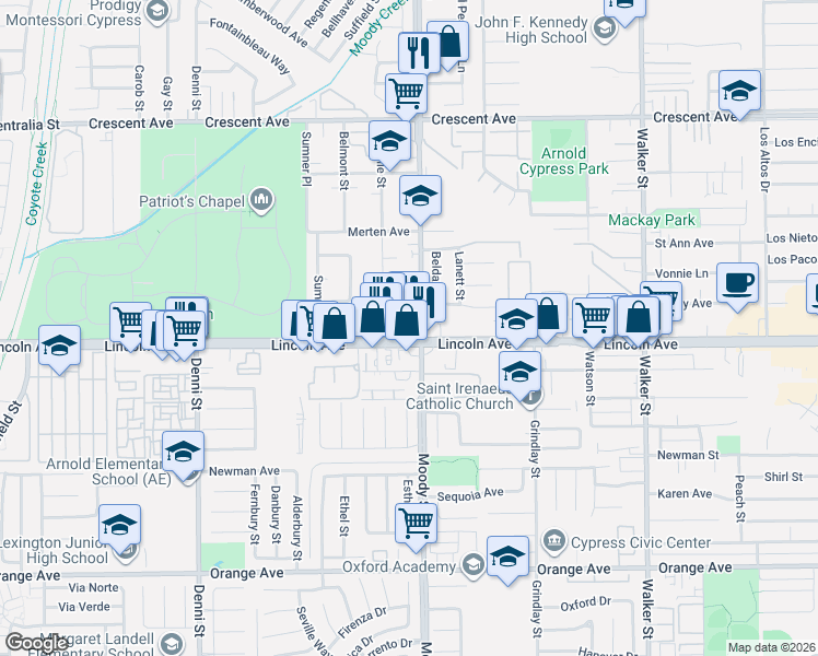 map of restaurants, bars, coffee shops, grocery stores, and more near 4991 Lincoln Avenue in Cypress