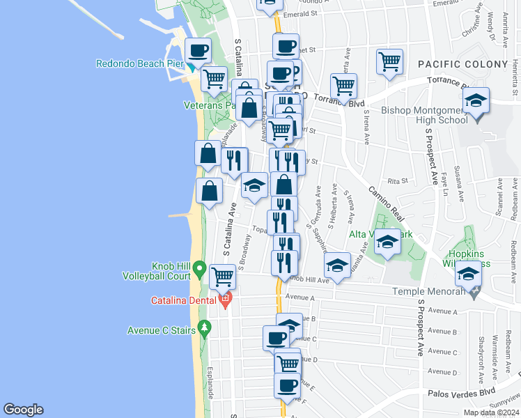 map of restaurants, bars, coffee shops, grocery stores, and more near 610 South Broadway in Redondo Beach